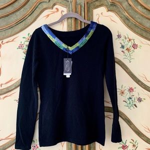 ❤️Magaschoni NY Cashmere V back sequined trim swea